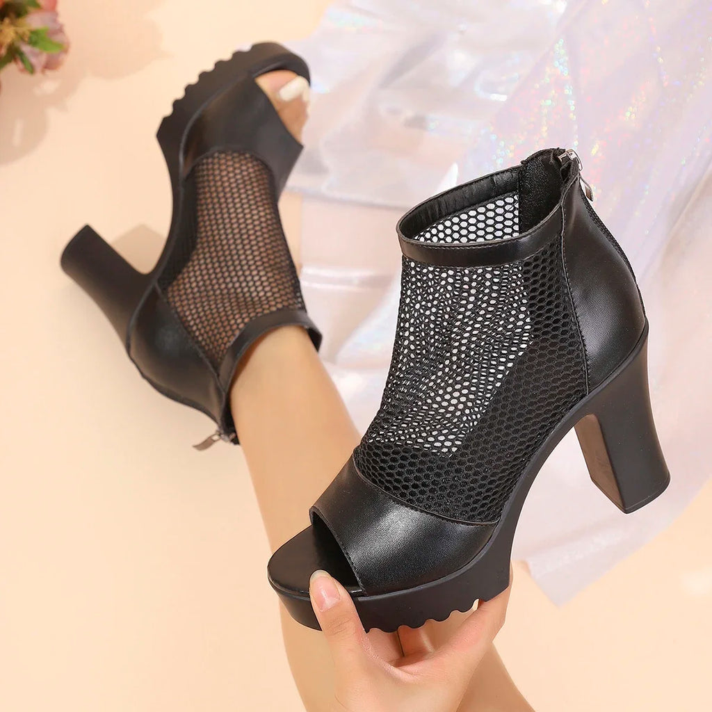 Women High Heels Sandals Breathable Mesh Plus Size Women Shoes 2025 New Fashion Female Sandals Peep Toe Chunky Heels Shoes Women Zpaxo