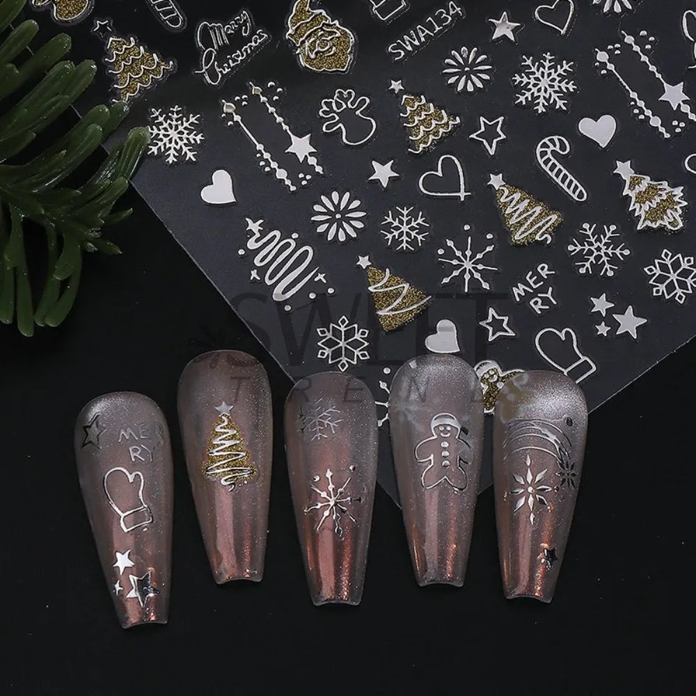 Snowflakes Reflective Glitter Nail Stickers 3D Design Sparkle Christmas Nail Decals Adhesive Nail Decals Winter Holidays Zpaxo