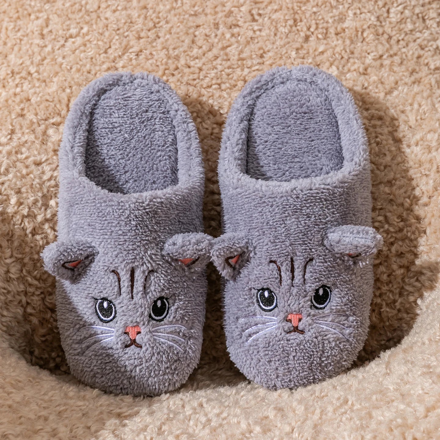 Women's Cartoon Cat Plush Slippers Cozy Winter Bedroom House Shoes Zpaxo GRAY 44-45