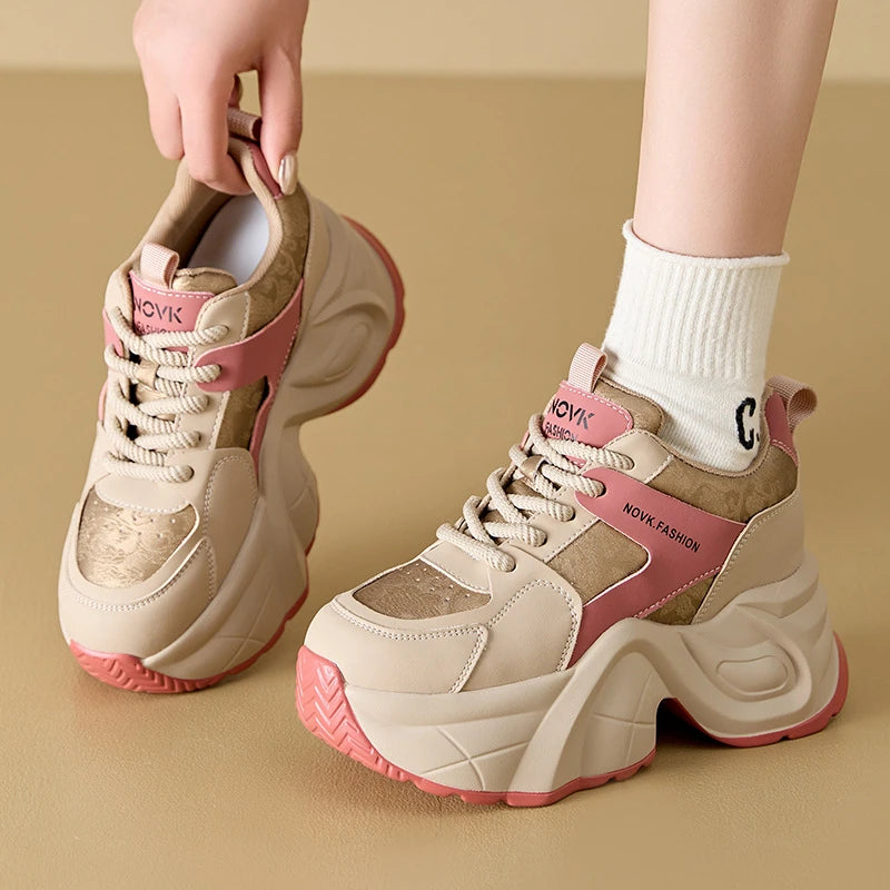 Women's Platform Chunky Sneakers Lace Up Design Sport Tag Detail Two Zpaxo
