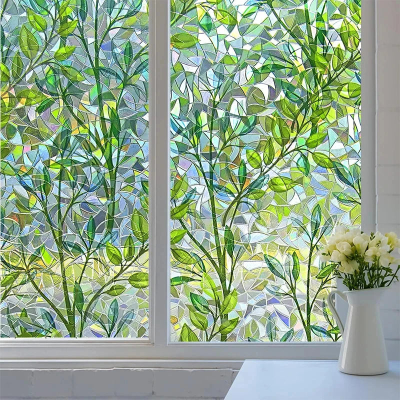 Green Leaf Mosaic Stained Glass Window Film Static Cling Rainbow