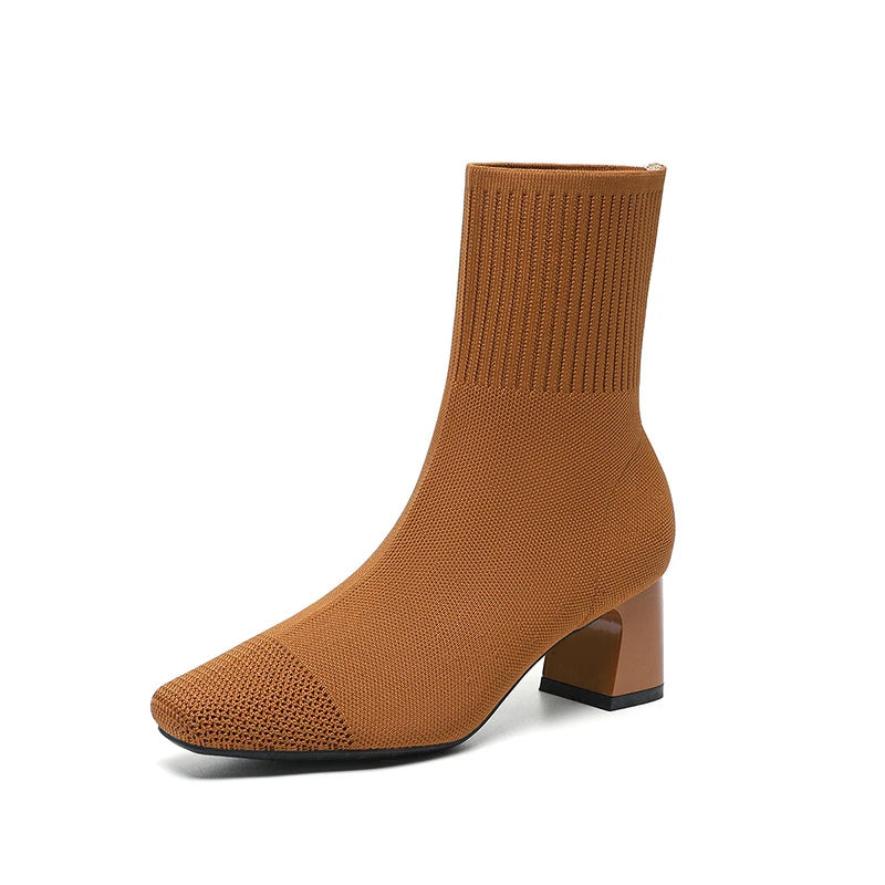 Black Square Toe Knit Sock Boots Elastic Slim Thick Block Heel Heels Zpaxo