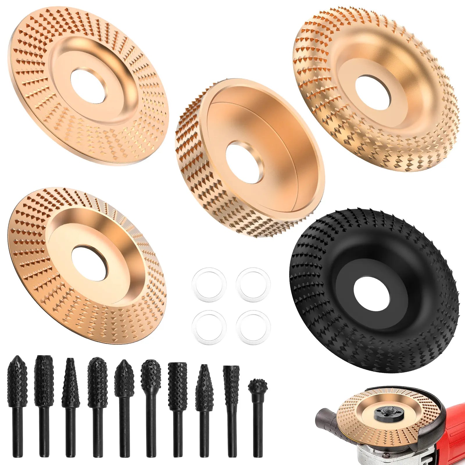 Wood Carving Disc Set For Angle Grinder 16mm A3 Steel Anti Clog Shaping Sanding Wheel Flat Curved Beveled For Woodworking Stump Zpaxo Set E