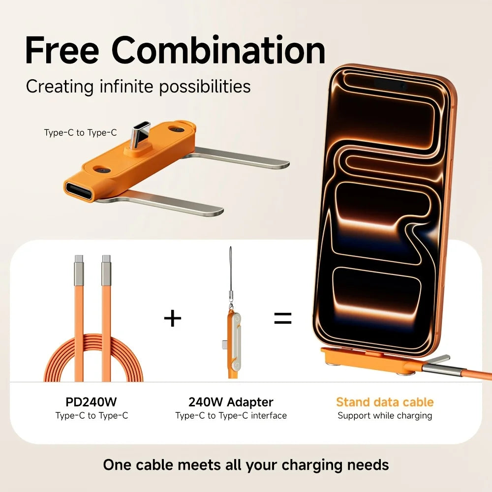 240W 2-in-1 Black Orange Fast Charging Foldable Bracket Data Cable