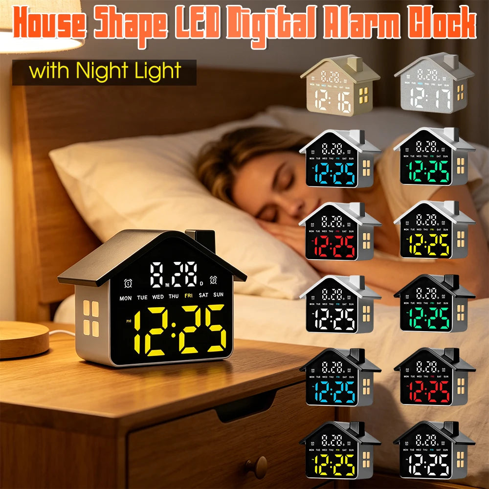 Led House Shaped Digital Alarm Clock Simple Electronic Small Night