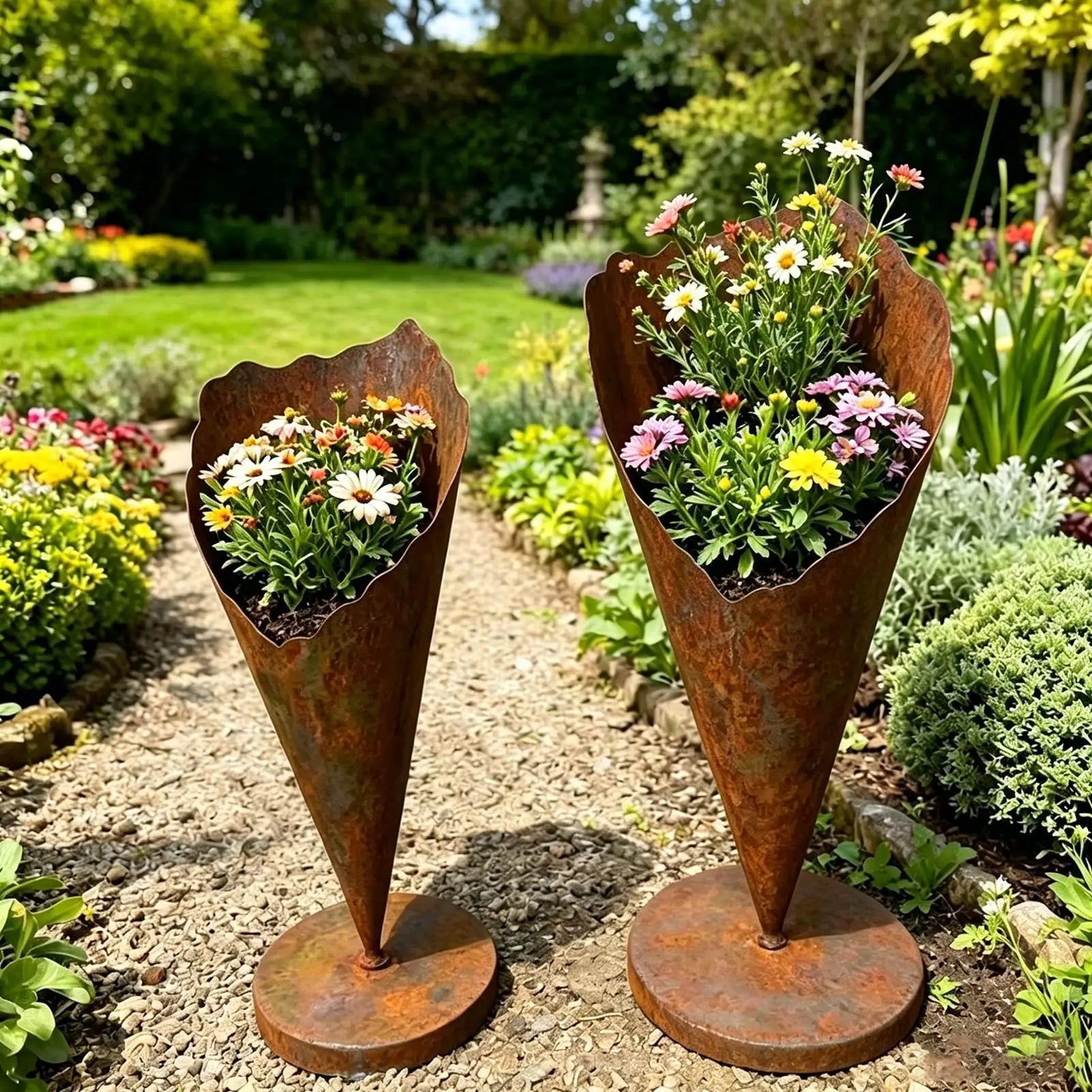 Cone Shape Flower Pot Geometric Rustic Container Decorative Metal Plants Pot for Garden Balcony Entrance Floor Women Grandma Zpaxo
