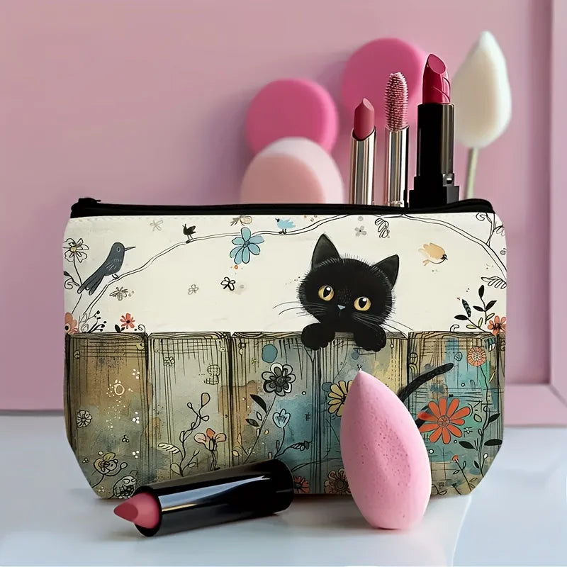 Black Cat Floral Zipper Pouch Durable Fade-resistant Cosmetic Bag