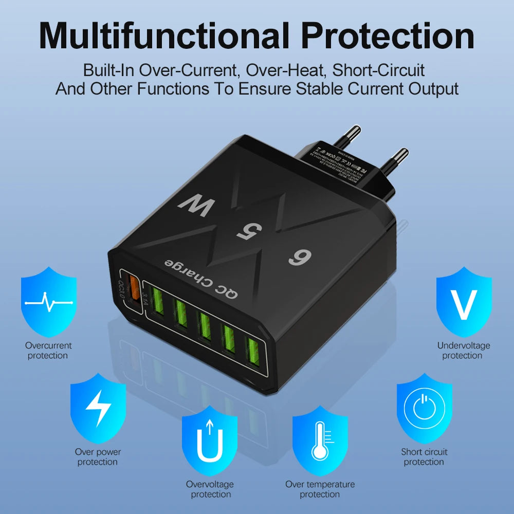 65W 3.1A 6 Ports USB Fast Phone Charger Adapter US/KR/EU Plug Travel Wall Charger For iPhone Xiaomi Huawei QC 3.0 Quick Charger Zpaxo