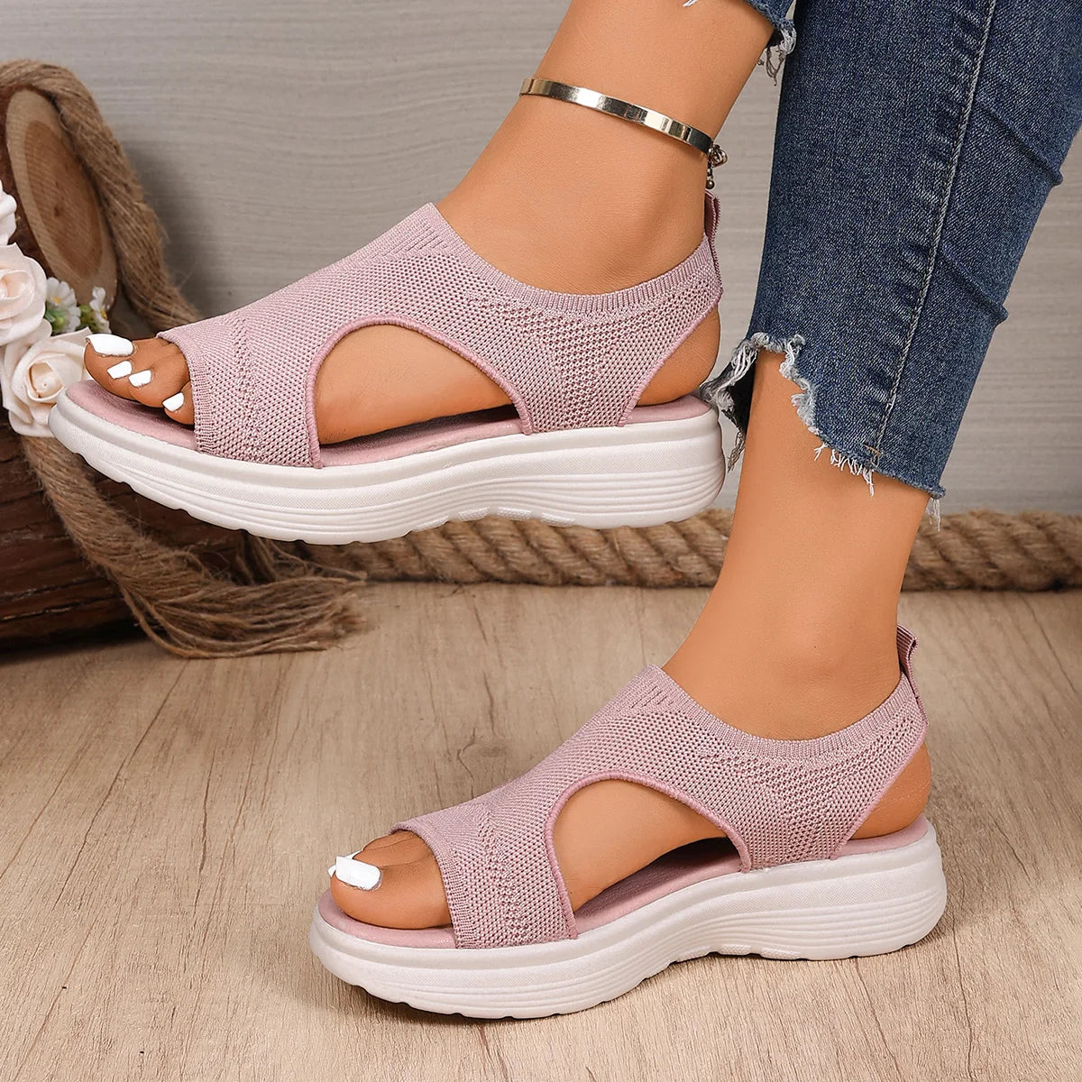 Women Sandals Low Heel with Durable Rubber Sole Shoes for Women Comfortable Slip-On Sandals Breathable Knit Open Toe Shoes Zpaxo