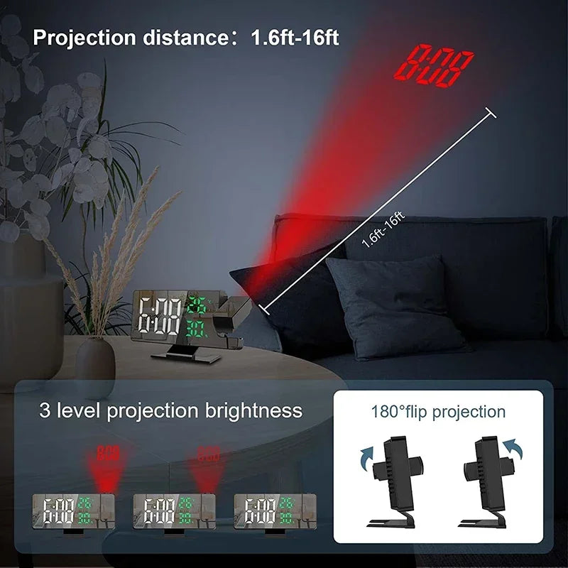 LED Digital Alarm Clock Projection Projector Ceiling Time Temperature