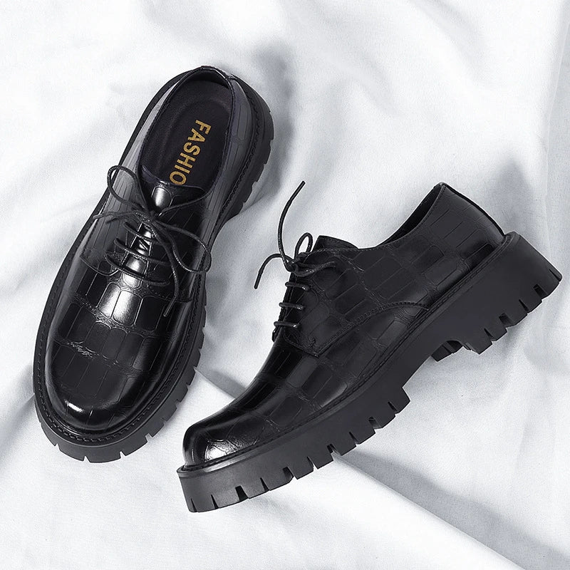 Mens Black Crocodile Embossed Leather Lace Up Dress Shoes Thick Lug Zpaxo