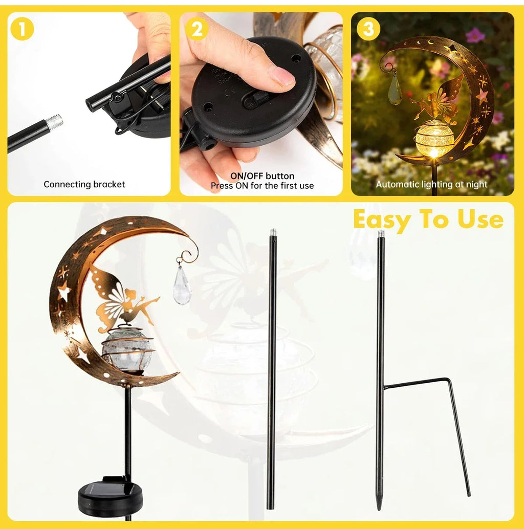 Solar Stake Lights Moon Fairy Garden Lamp Outdoor Crackle Glass Globe Zpaxo