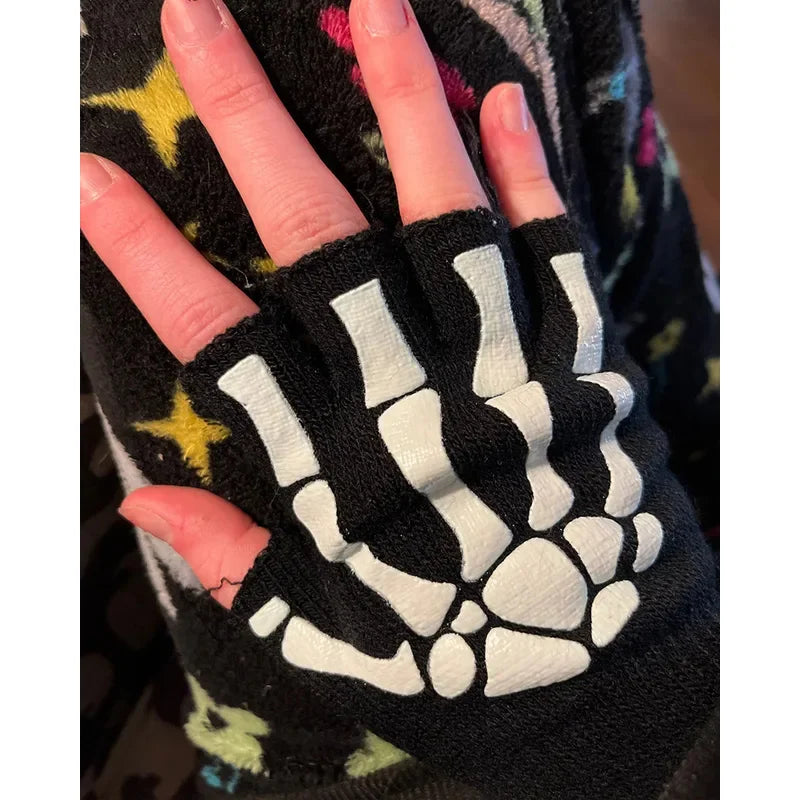Gothic Skeleton Reflective Fingerless Gloves – Halloween Streetwear
