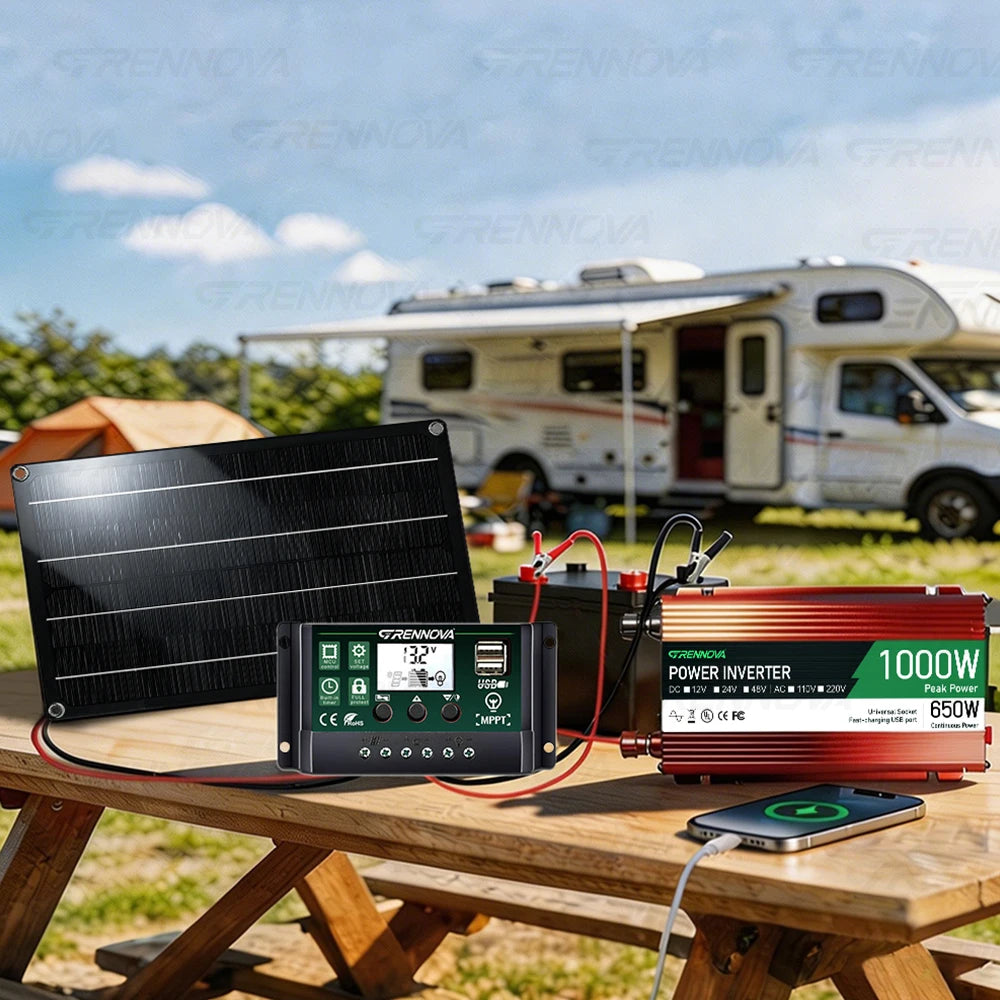 1000W Off-Grid Kit Power Solution True Watt 12V To110V/220V Inverter MPPT Controller 60W Solar Panel DIY Setup Emergency Power Zpaxo