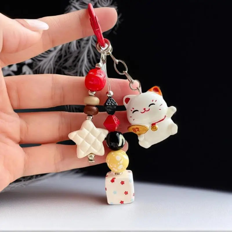 Cute Fun-loving Fortunate Cat Red Furry Ball Bag Charm Keychain Phone Zpaxo