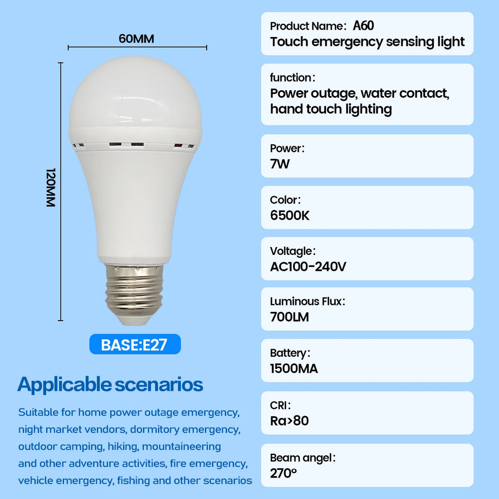 E27 Rechargeable LED Emergency Light Bulb 7W 1500mAh 6500K 3 Mode Dimmable Portable Hanging Lamp for Power Failure Camping Porch Zpaxo