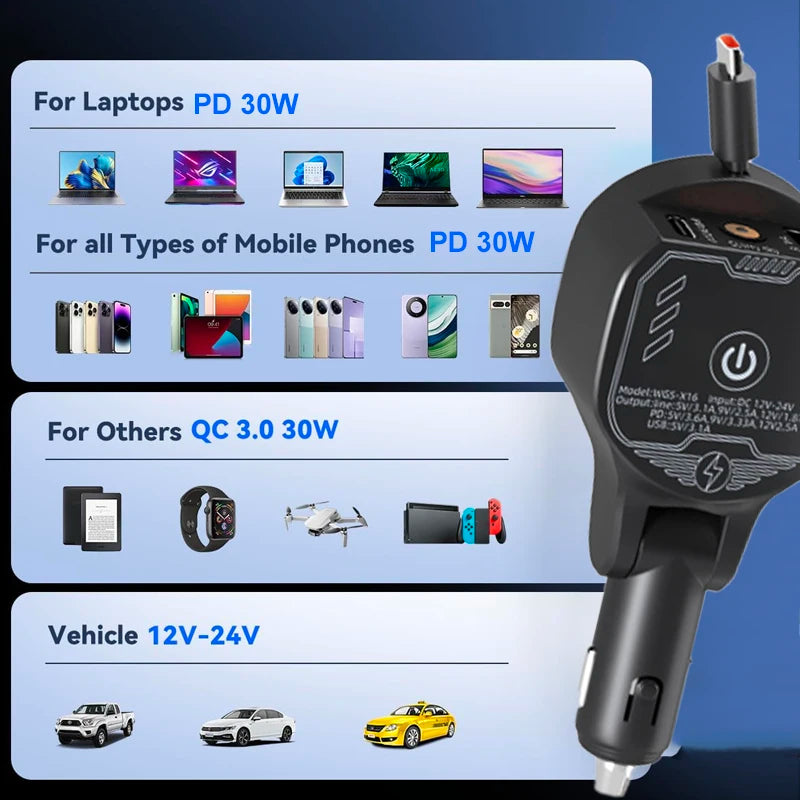UYUXIO Retractable Car Phone Charger Adapter Starlight Full PD 30W