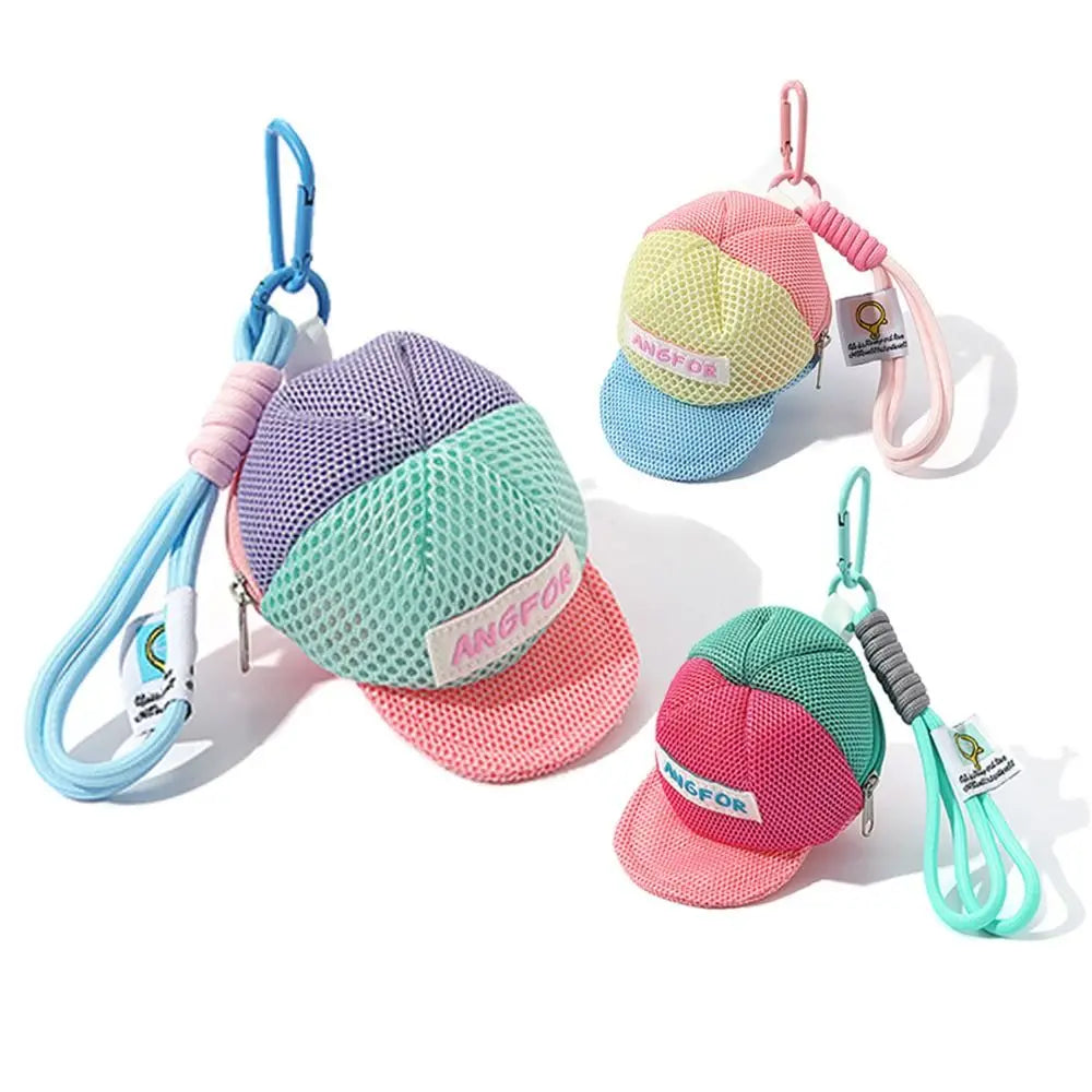 Keychain Hat Shape Coin Purse with Handle Rope Decorative Portable Wallet Bag Anti Loss Zipper Closure Creative Hat Mesh Pouch Zpaxo