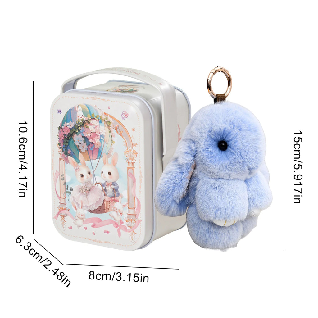 Cute Soft Fuzzy Bunny Keychain Tin Box Wishes Card Lucky Keychains