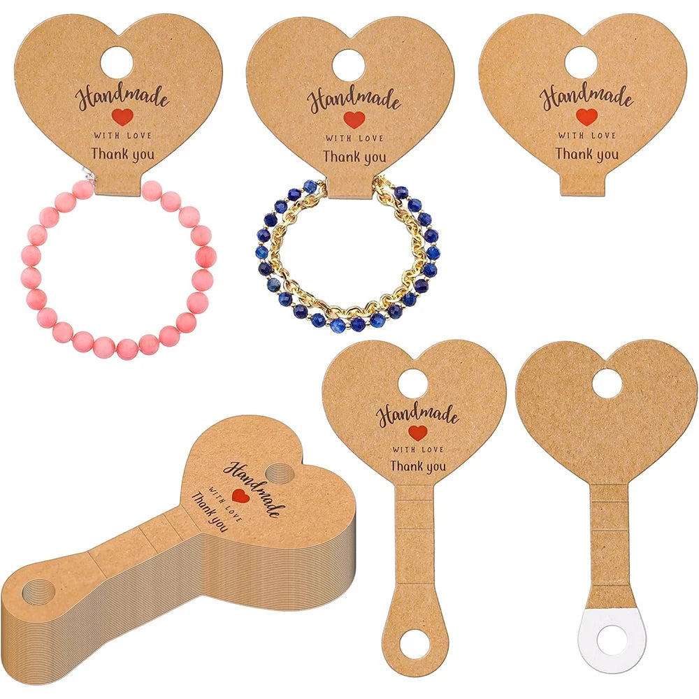 25/50/100Pcs Heart Jewelry Hanging Display Cards Self Adhesive Jewelry Ring Necklace Bracelet Hairband Display Kraft Paper Card Zpaxo