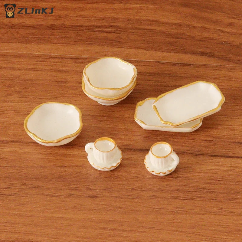 ▶1Set 1:12 Dollhouse Miniature Dinner Plate Coffee Cup Tray Bowl Dishes Kitchen Tableware Model Decor Toy Doll House Accessories Zpaxo