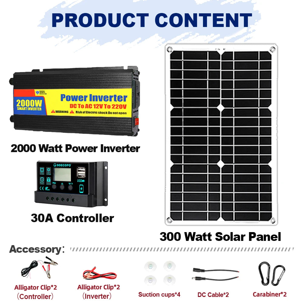 Solar Kit 2000W Inverter Solar Panel and 30A Controller Complete System for DC 12V to AC 220V Outdoor Power Generation Zpaxo