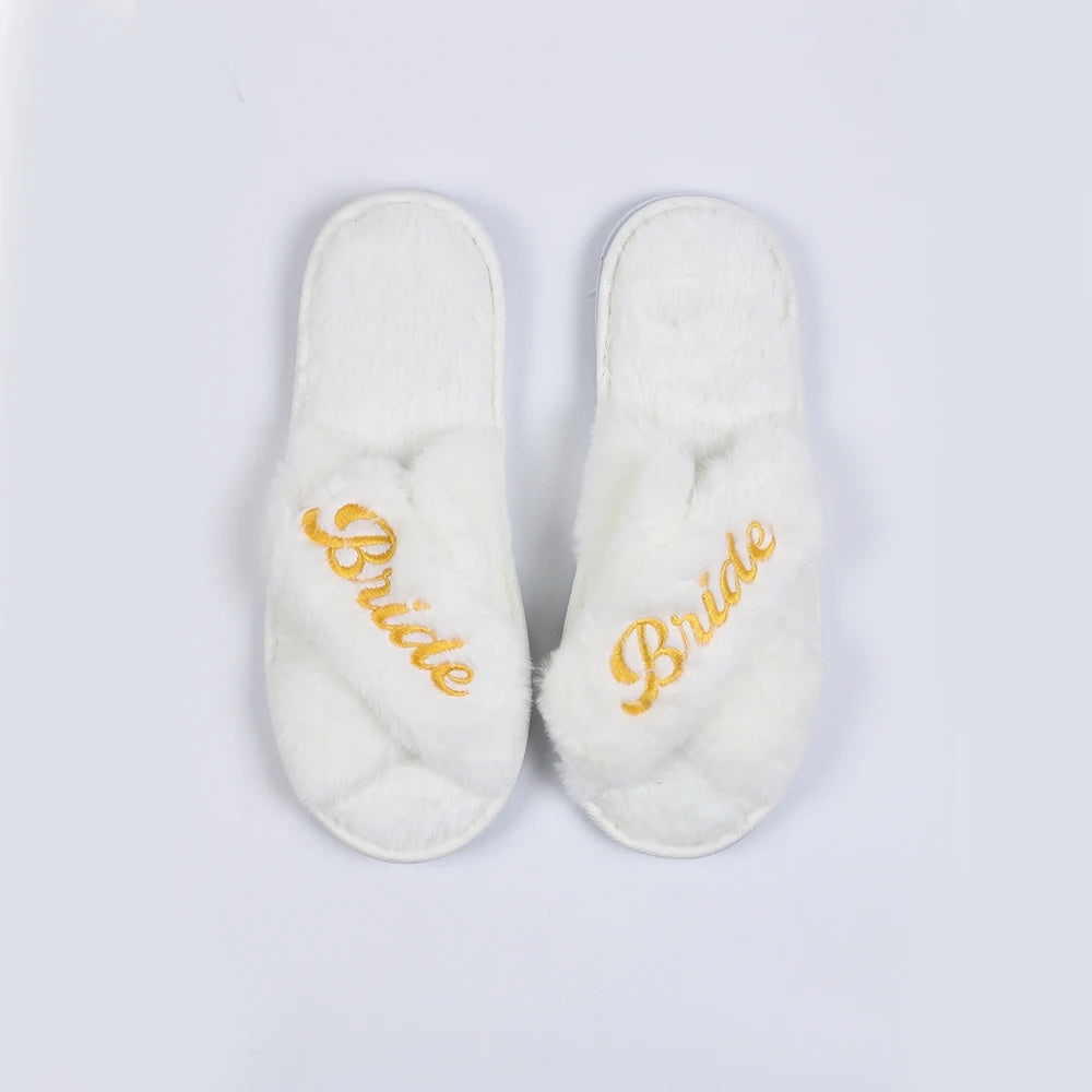 Wedding Bride Slippers Bridesmaid Slippers Embroidered Plush Open Toe Slippers Gifts for Bridal Shower Bachelorette Party Zpaxo Bride