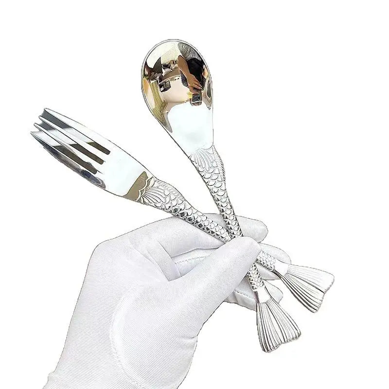 2Pcs Stainless Steel Creative Fish Tail Dining Spoon Fork Eating Spoon Face Children'S Fork Dessert Fruit Fork Dinnerware Set Zpaxo Fork and Spoon Set
