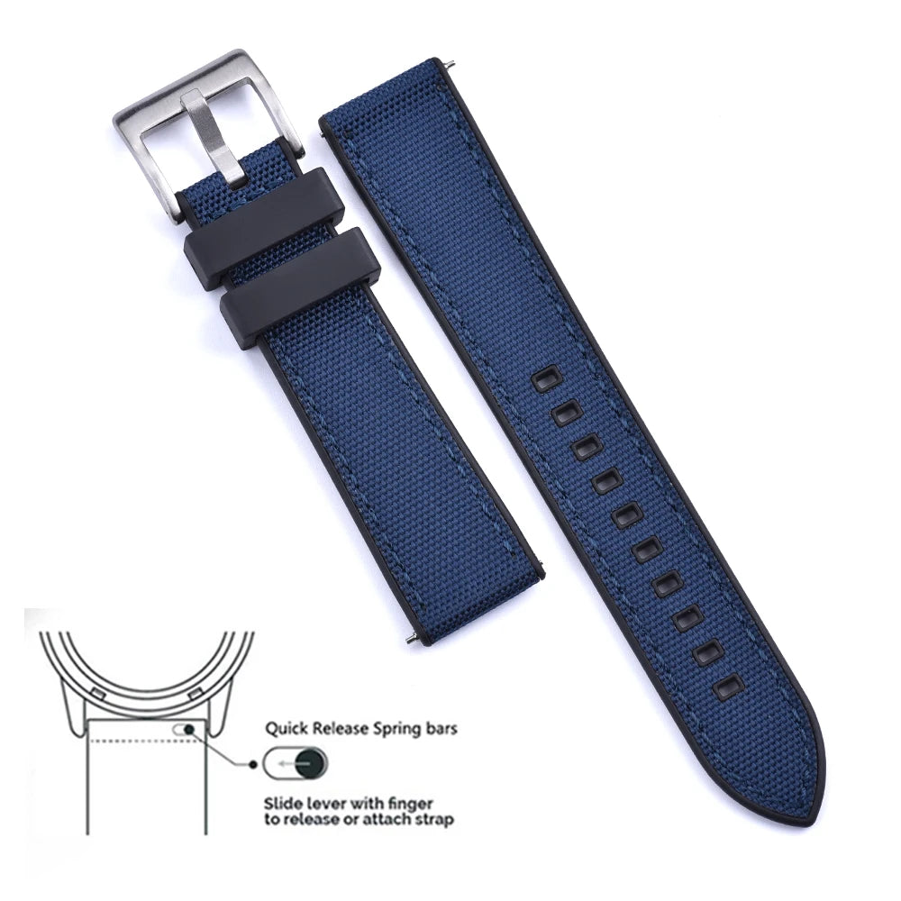High Quality FKM Canvas Watch Strap 20mm 22mm Hybrid Fluoro Rubber Nylon Watchbands Quick Release For Each Brand Diving Watches Zpaxo Black-Blue 1 2 20mm