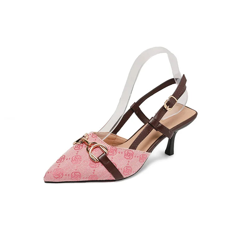 Women Sandals Metal Chain Pointed Toe Pumps Buckle Strap Heels Flower Zpaxo Pink 36