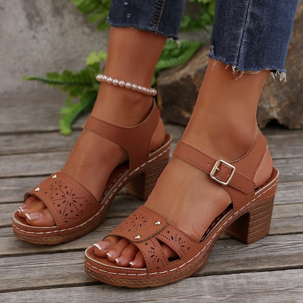 Women Chunky Heel Sandals 2026 New Buckle Strap Plus Size Women Shoes Solid Color Shoes Fashion High Heels Sandals for Women Zpaxo
