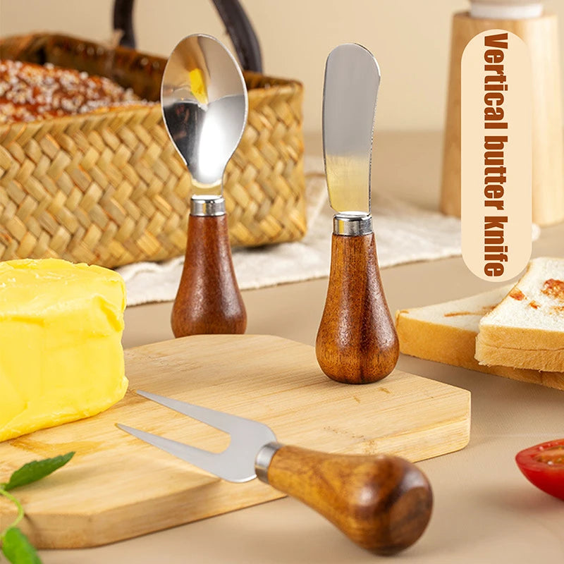 Elegant Stainless Steel Cheese Tool Knives Fork Wood Handle Butter Zpaxo