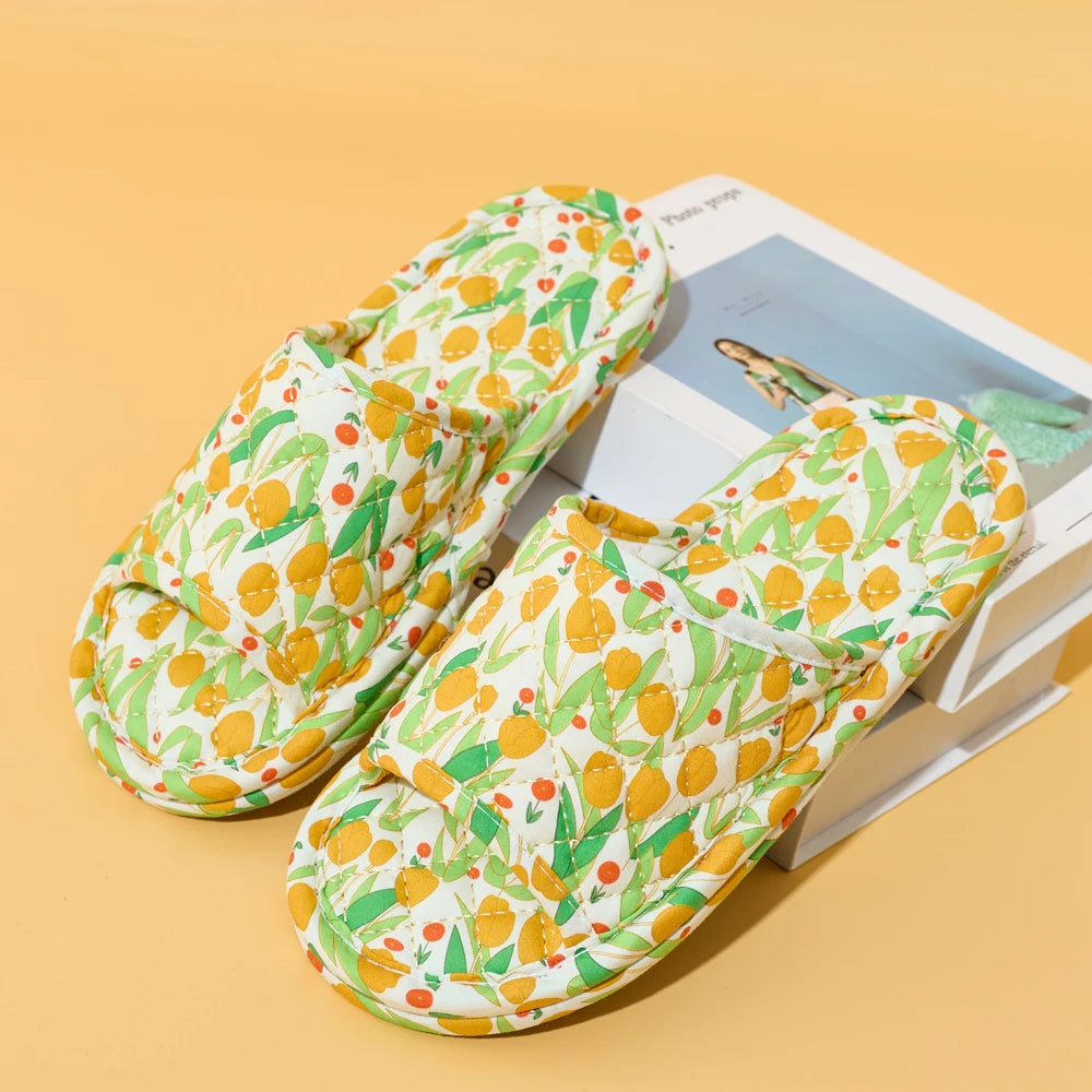 Summer Women Home Slippers Soft Cotton Floral Floor Shoes Antislip