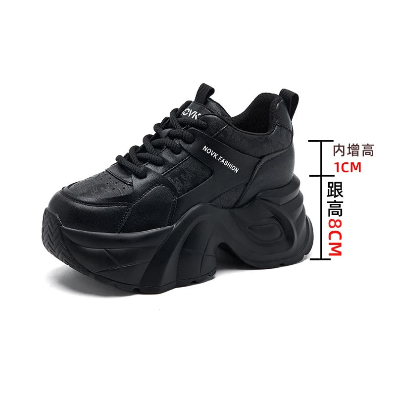 Women's Platform Chunky Sneakers Lace Up Design Sport Tag Detail Two Zpaxo 6701 Black 38