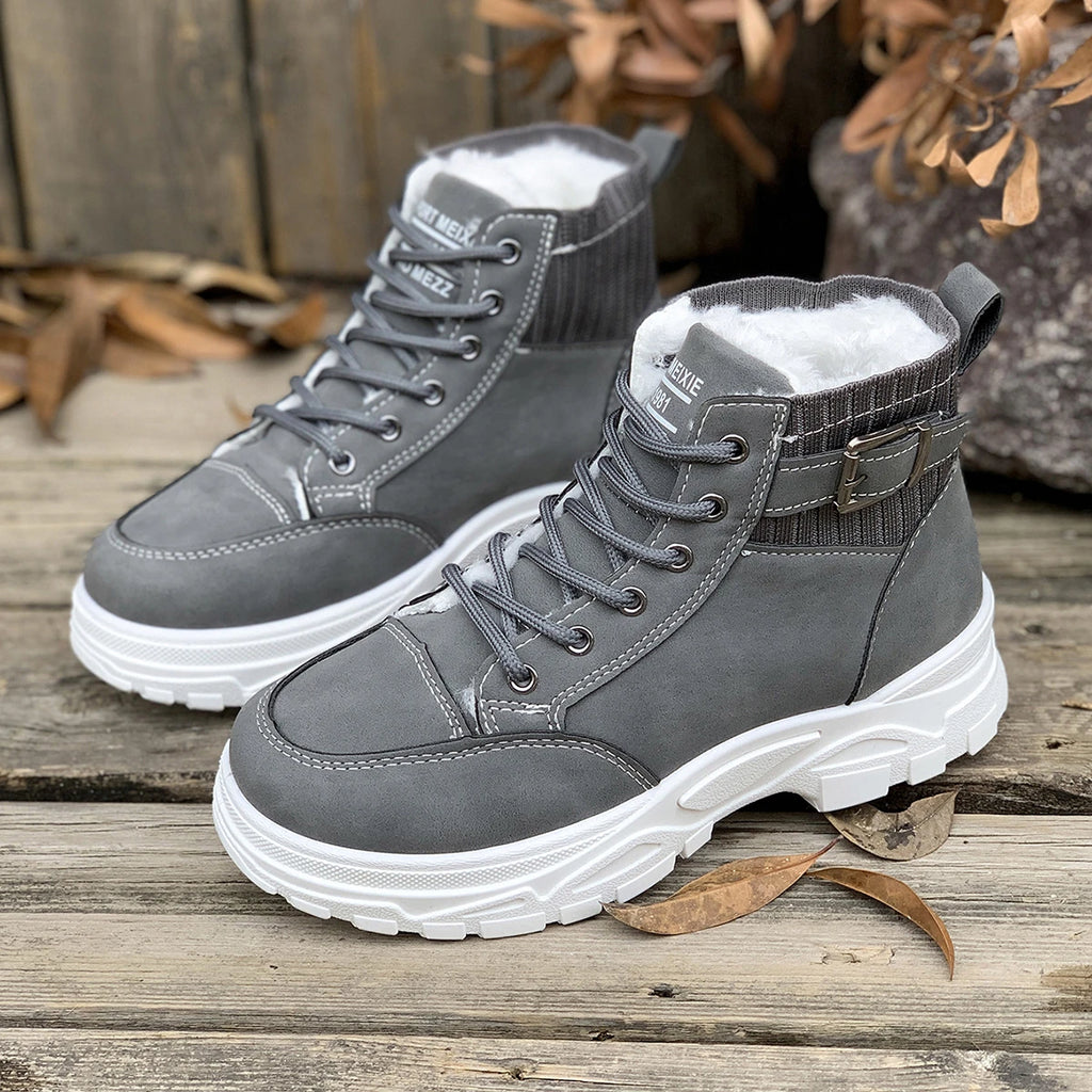 Winter Students Flat Boots Walking Pure Color Lace-up Boots Shoes Casual Sports Shoes Women Warm Boots Mid Heels Shoes Zpaxo GRAY 43