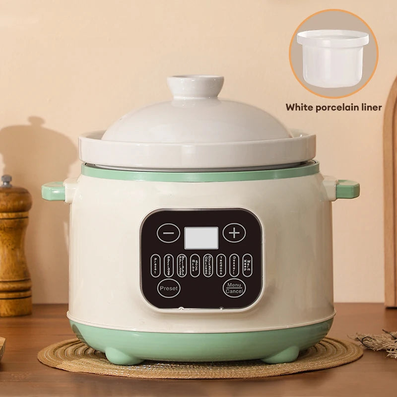 3.8L Multifunctional Electric stew pot Slow Cooker Ceramic Inner Pot Multi-Cooker for Soup Porridge Casserole Household Kitchen Zpaxo green EU