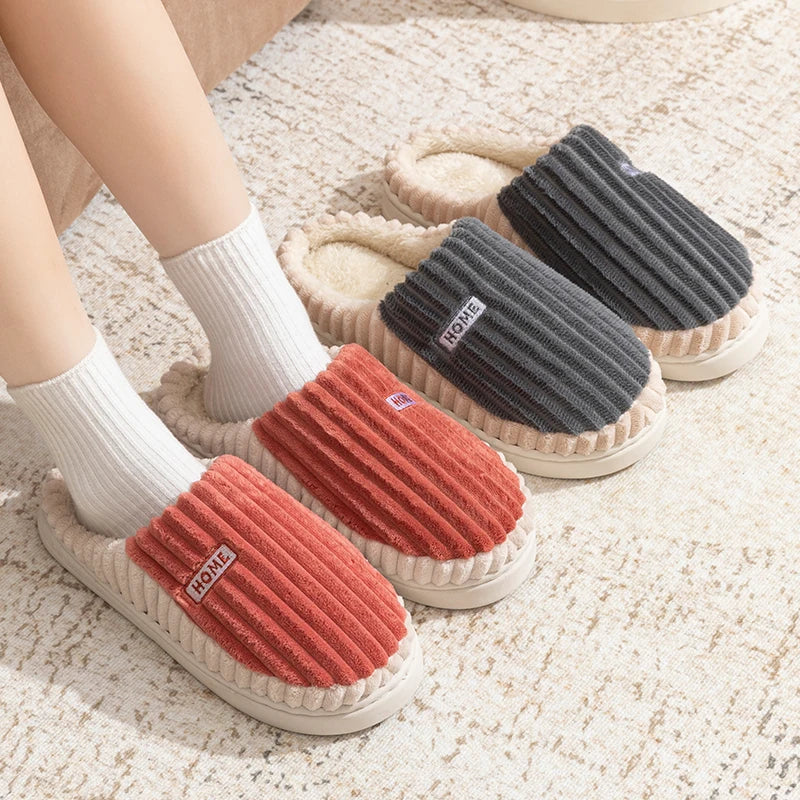 Cotton Slippers Women Men Winter Home Striped Warm Anti Slip Slides