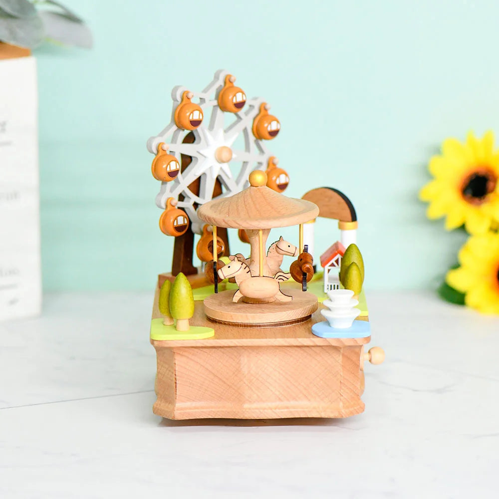Wooden Carousel Ferris Wheel Music Box – Hand Cranked Gift