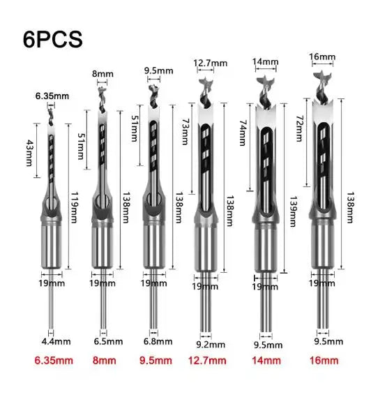 Woodworking Square Drill Bits HSS Twist Hole Auger Mortising Chisel Zpaxo 6pcs