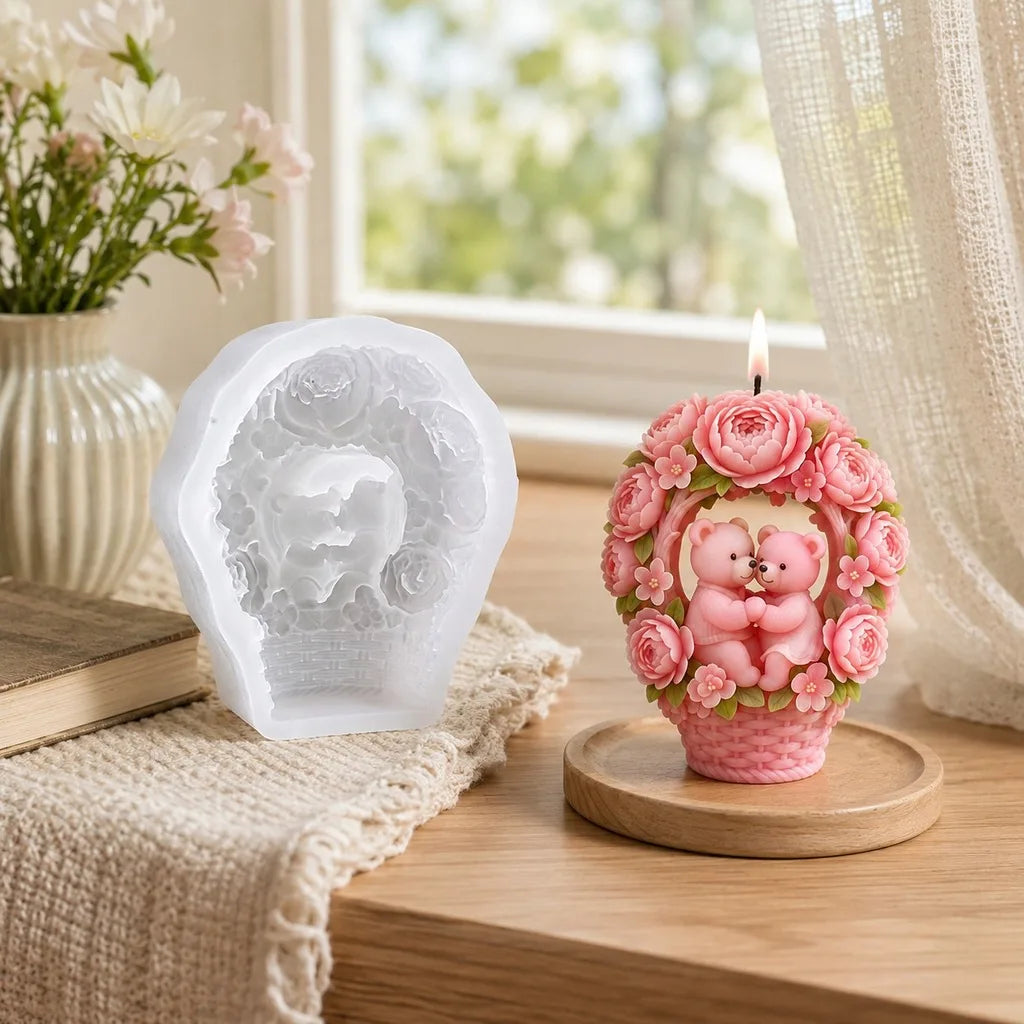 3D Hugging Bears Flower Basket Silicone Mold | Candle & Soap Craft Silicone Mold Zpaxo
