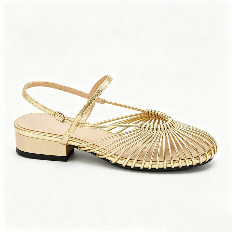 Women Gold Flat Sandals Retro Hollow Out Sandals Ladies Strap Low Heel Summer Party Dress Shoes Elegant Daily Walking Footwear Zpaxo