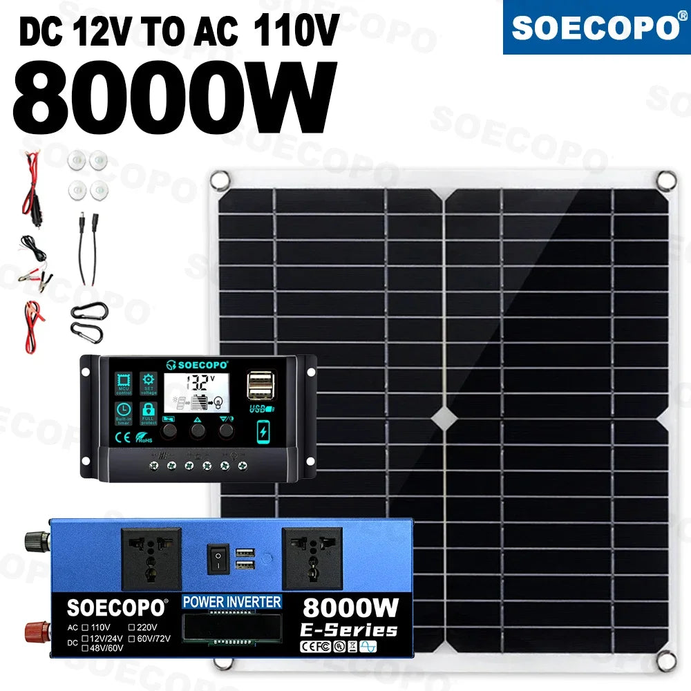 SOECOPO 8000W Solar System DC12V to AC110V/220V 100A MPPT Controller 300W Panel Intelligent Inverter for Home RV Camping CE ROSH Zpaxo Solar Kit 110V