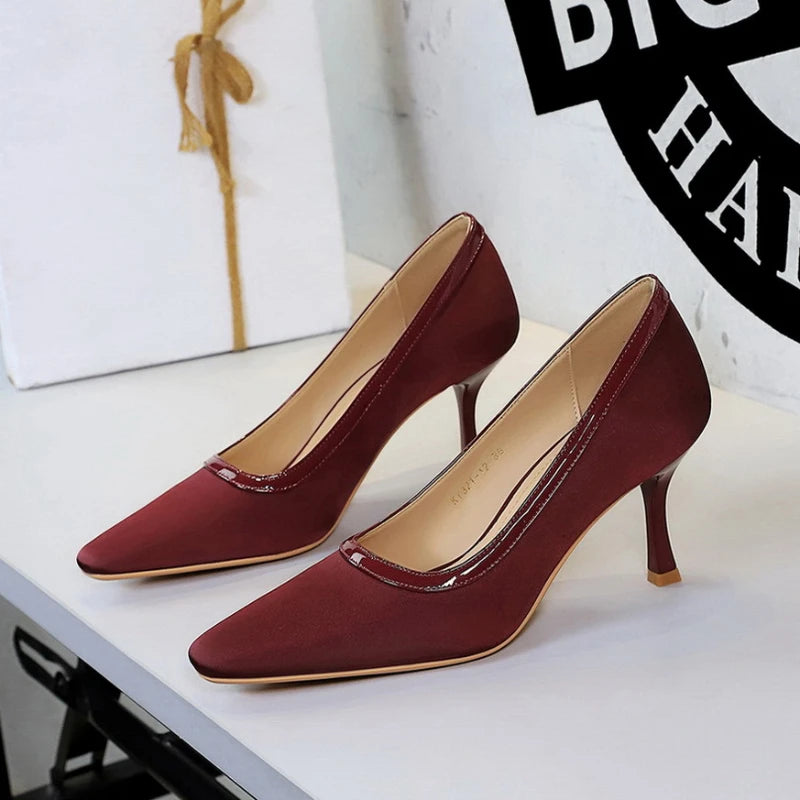 Womens Black Satin Pointed Toe Heel Pumps Patent Trim Elegant Zpaxo 322 Red 34(insole 21.6cm) China Mainland