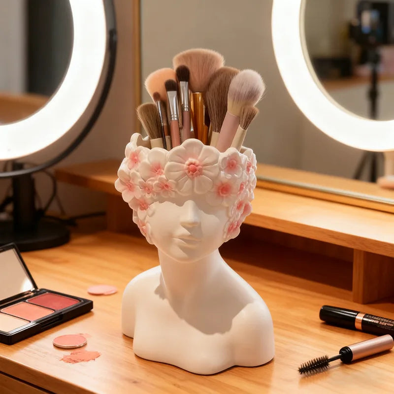 Nordic Face Girl Makeup Brush Holder – Resin Desk Organizer Makeup Brush Holder Zpaxo