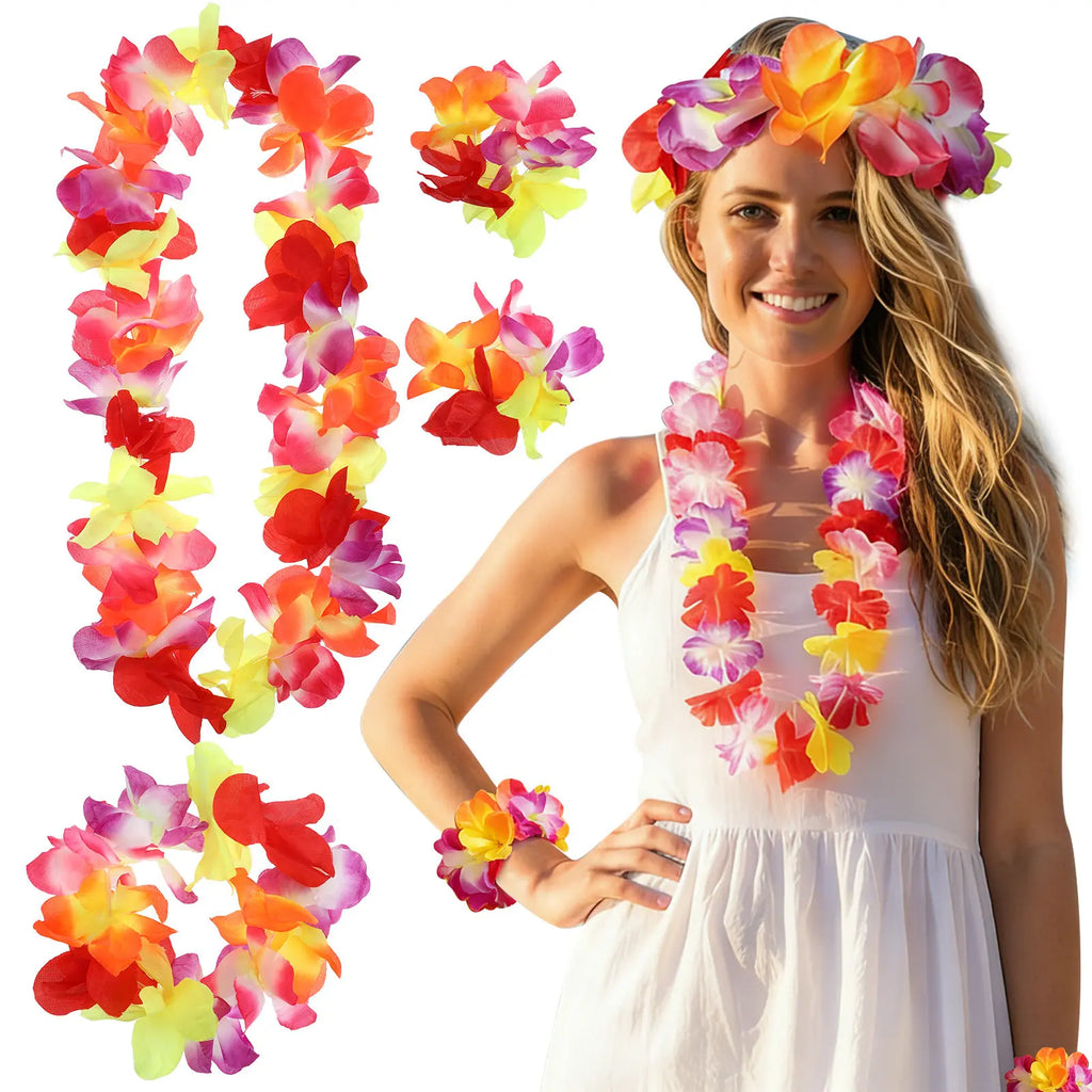 4Pcs Colorful Flower Decoration Set Necklace Headband Bracelet Garland for Tropical Party Beach Event Wall Hanging Use Zpaxo