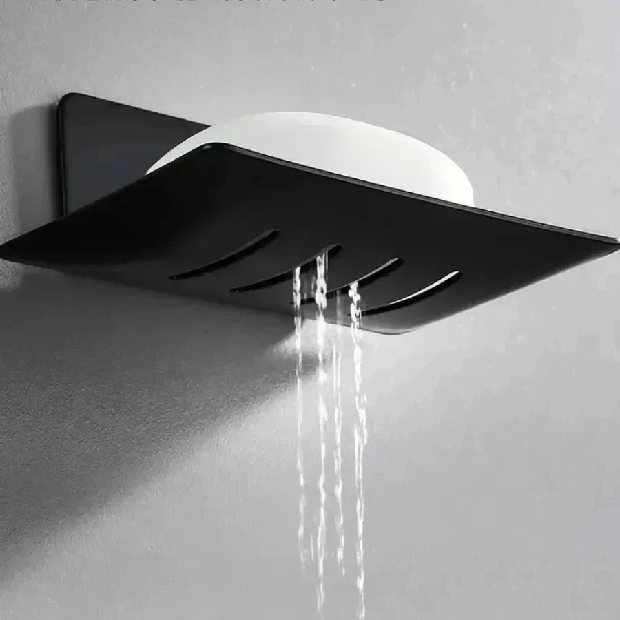 No-Drill Black Metal Soap Dish – Wall-Mounted & Drainage