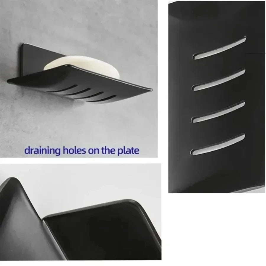 No-Drill Black Metal Soap Dish – Wall-Mounted & Drainage