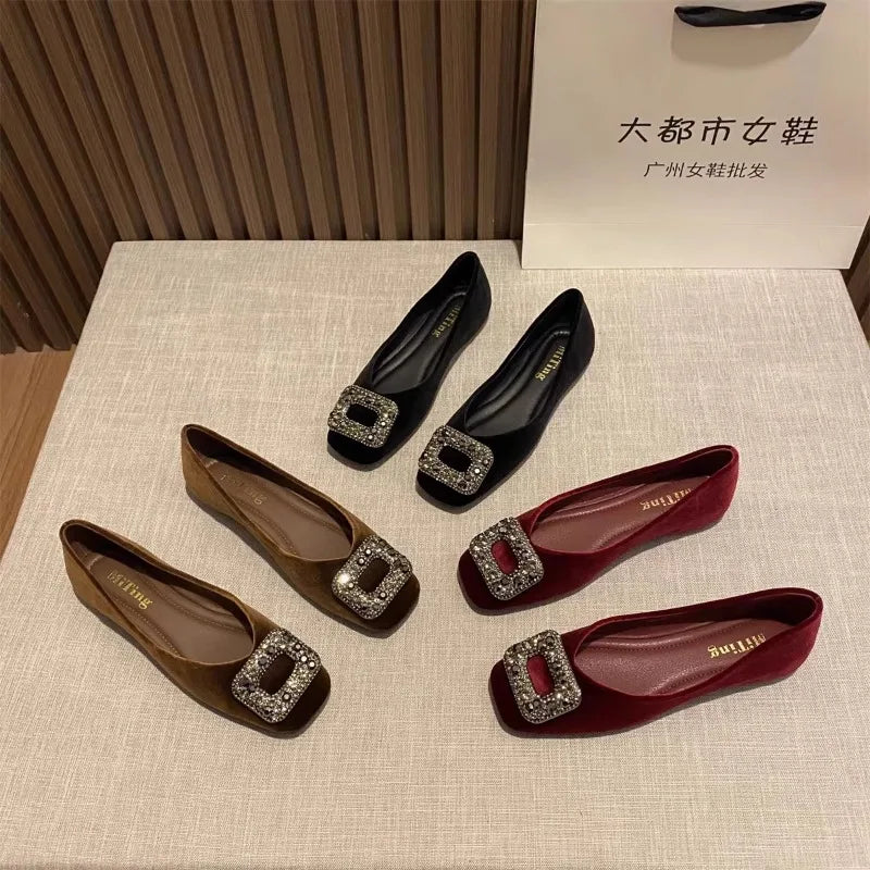 Flat Shoes for Women Spring Autumn 2025 New Rhinestone Square Toe Shallow Mouth Loafers Ladies Shoes Big Size 42 43 44 Zpaxo