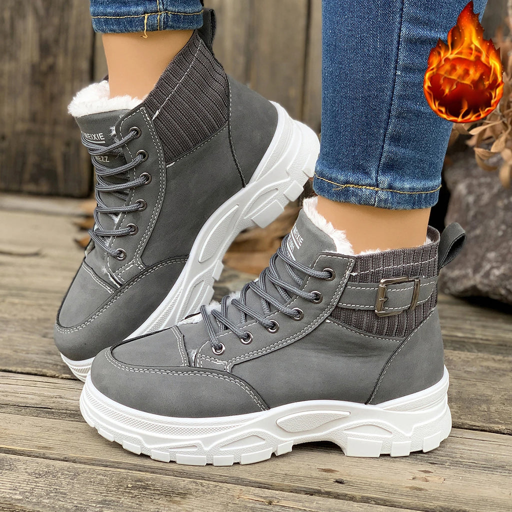 Winter Students Flat Boots Walking Pure Color Lace-up Boots Shoes Casual Sports Shoes Women Warm Boots Mid Heels Shoes Zpaxo
