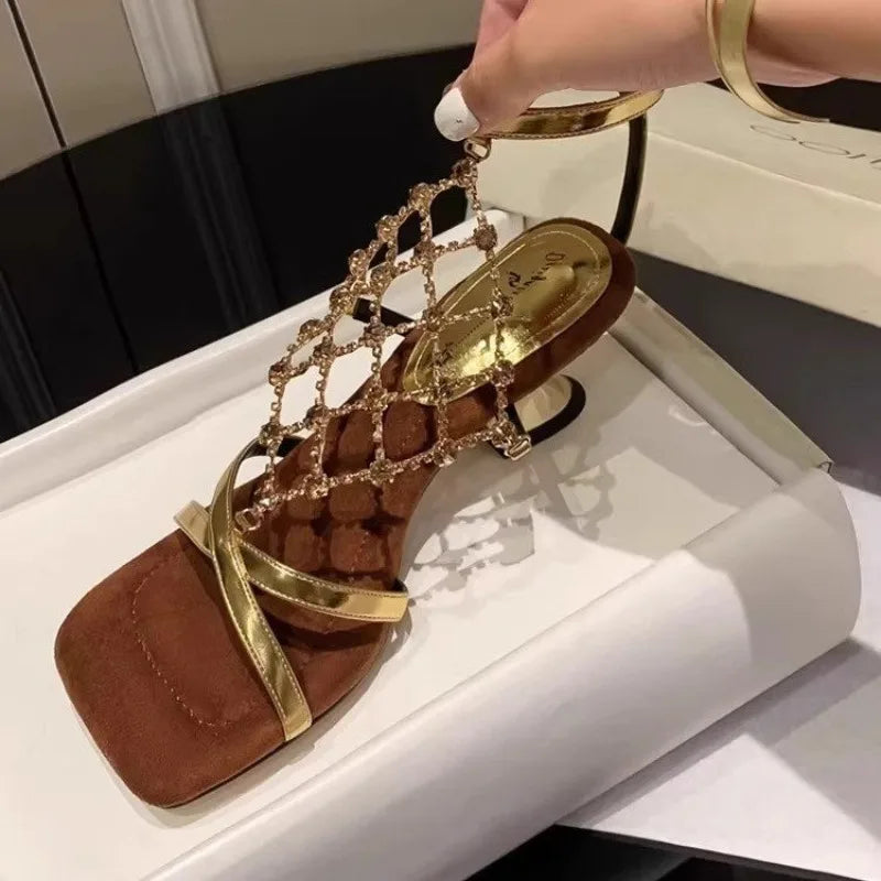 2026 Fashion Narrow Band Open Toe Women's Sandals Rhinestone Mesh Zpaxo